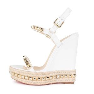 Christian Louboutin White Leather Platform Wedge Sandals Gold Studs